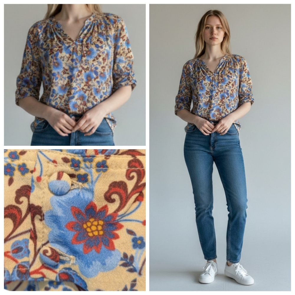 Claudie Pierlot Paris Silk Blend Liberty Red Blue Floral V-Neck Blouse Women's S